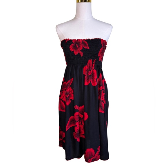 Floral Black & Red Strapless Dress - Picture 1 of 8